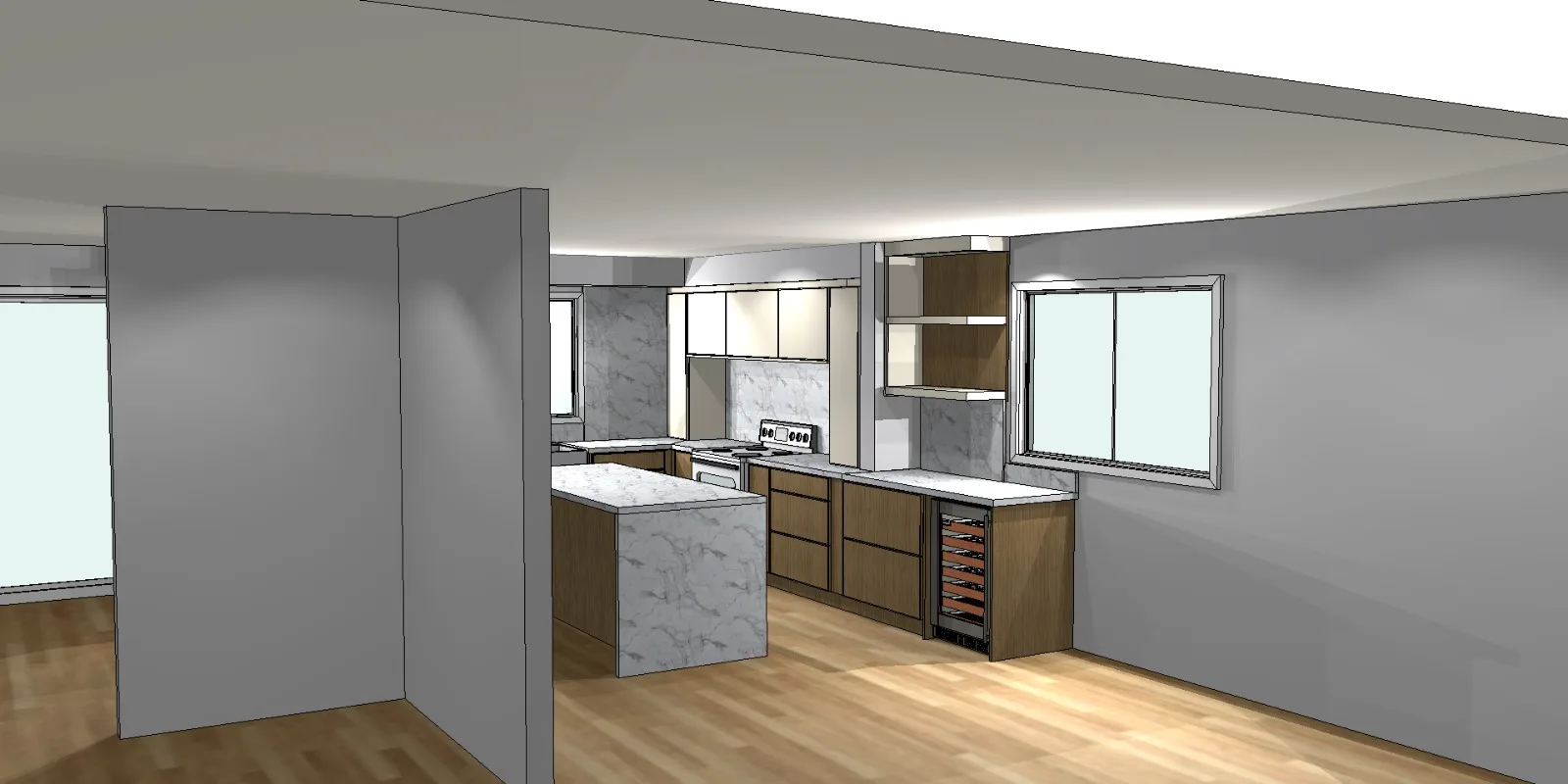 A 3D design model of a kitchen: stone island, wood lower cabinets, open shelving and a wine fridge.