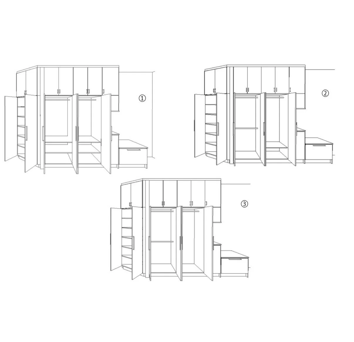 Line drawings of three built-in cabinet units.