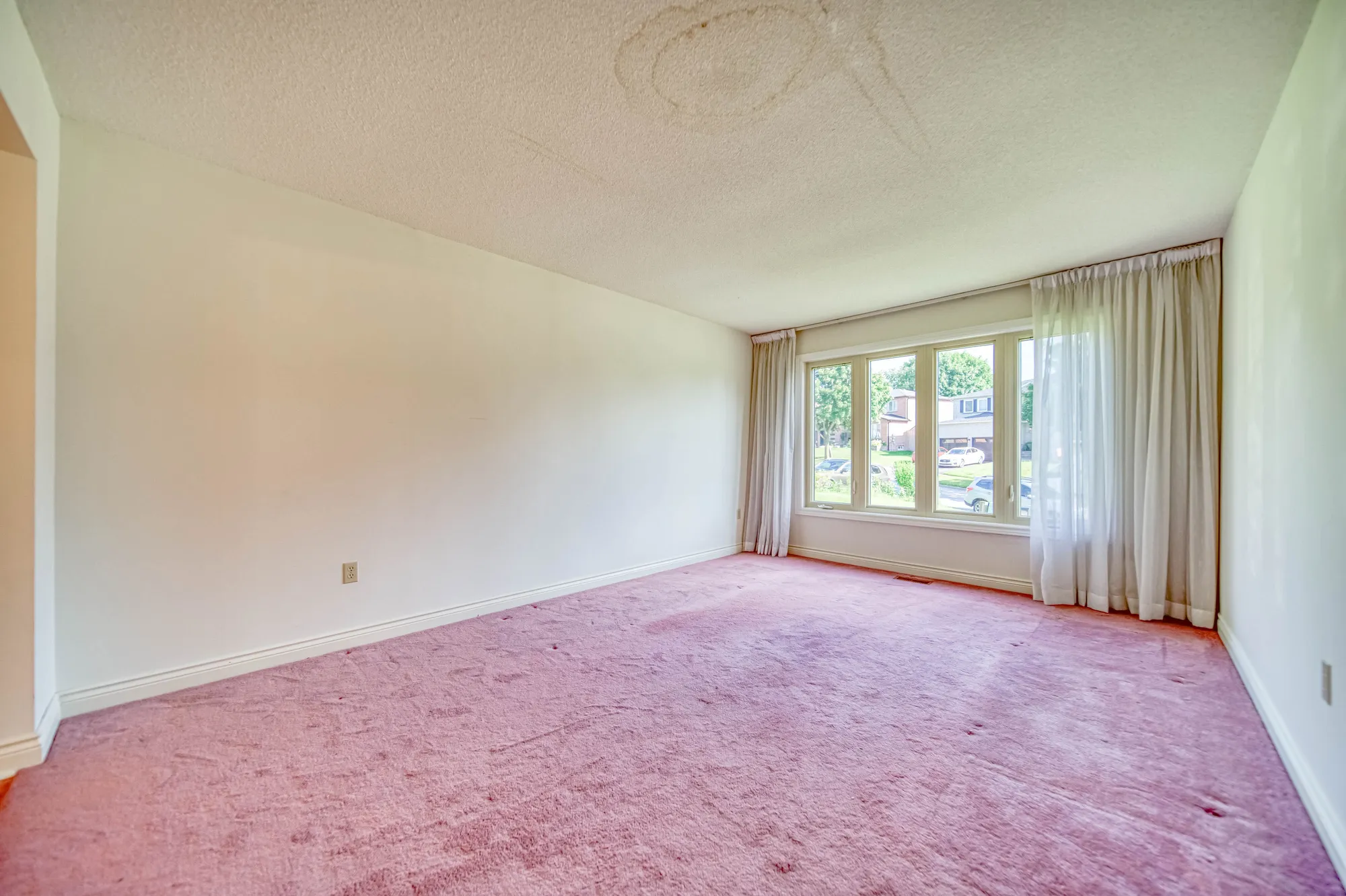 The living room before: pink carpet and a bay window.