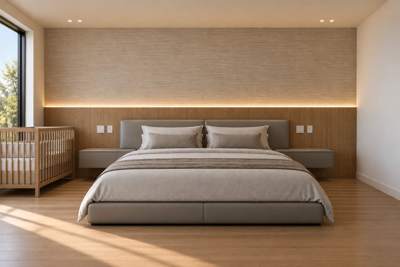 A bedroom rendering with a lit headboard wall.