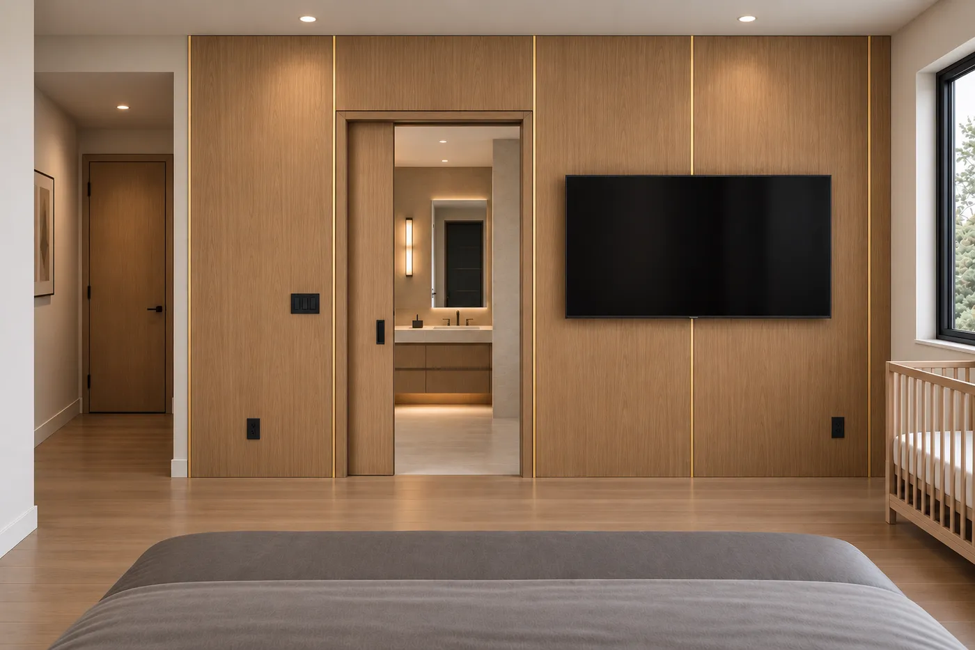 The bedroom rendering: an oak wall with a pocket door to the ensuite.