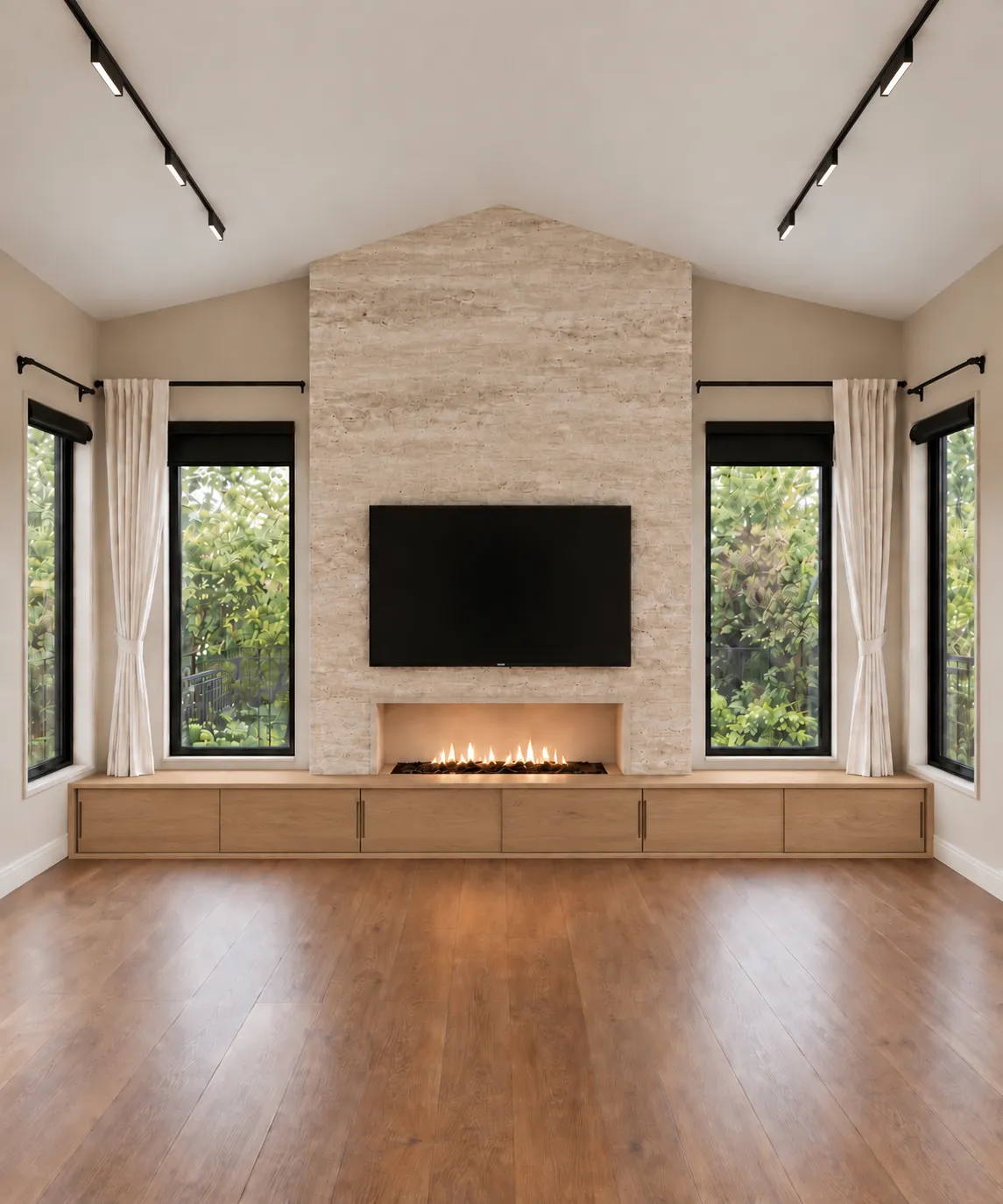 The family room rendering: a stone fireplace wall to the vaulted ceiling.