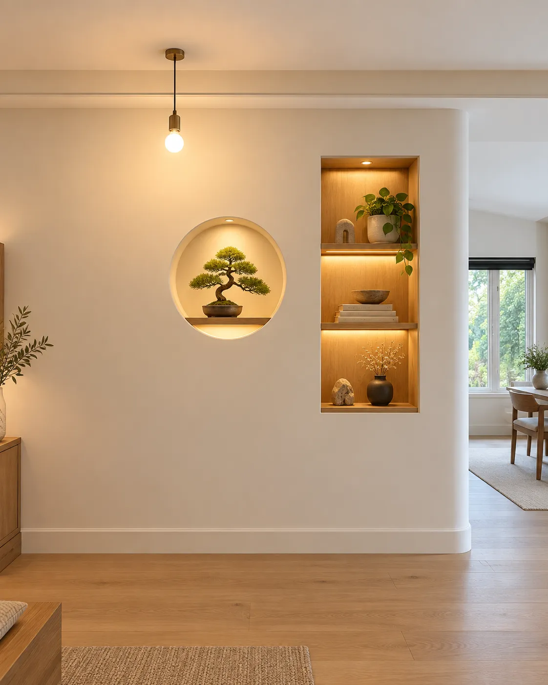 A rendering of a wall with a round lit niche and oak shelves.