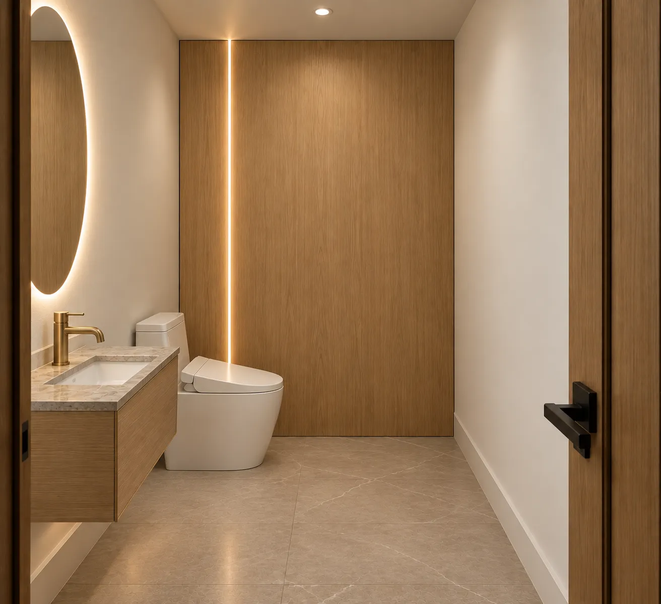 A powder room rendering with an oak wall and a round mirror.