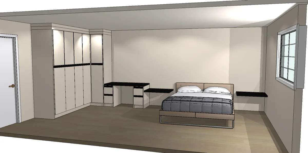 A 3D model of a primary bedroom with built-in wardrobes and a vanity.