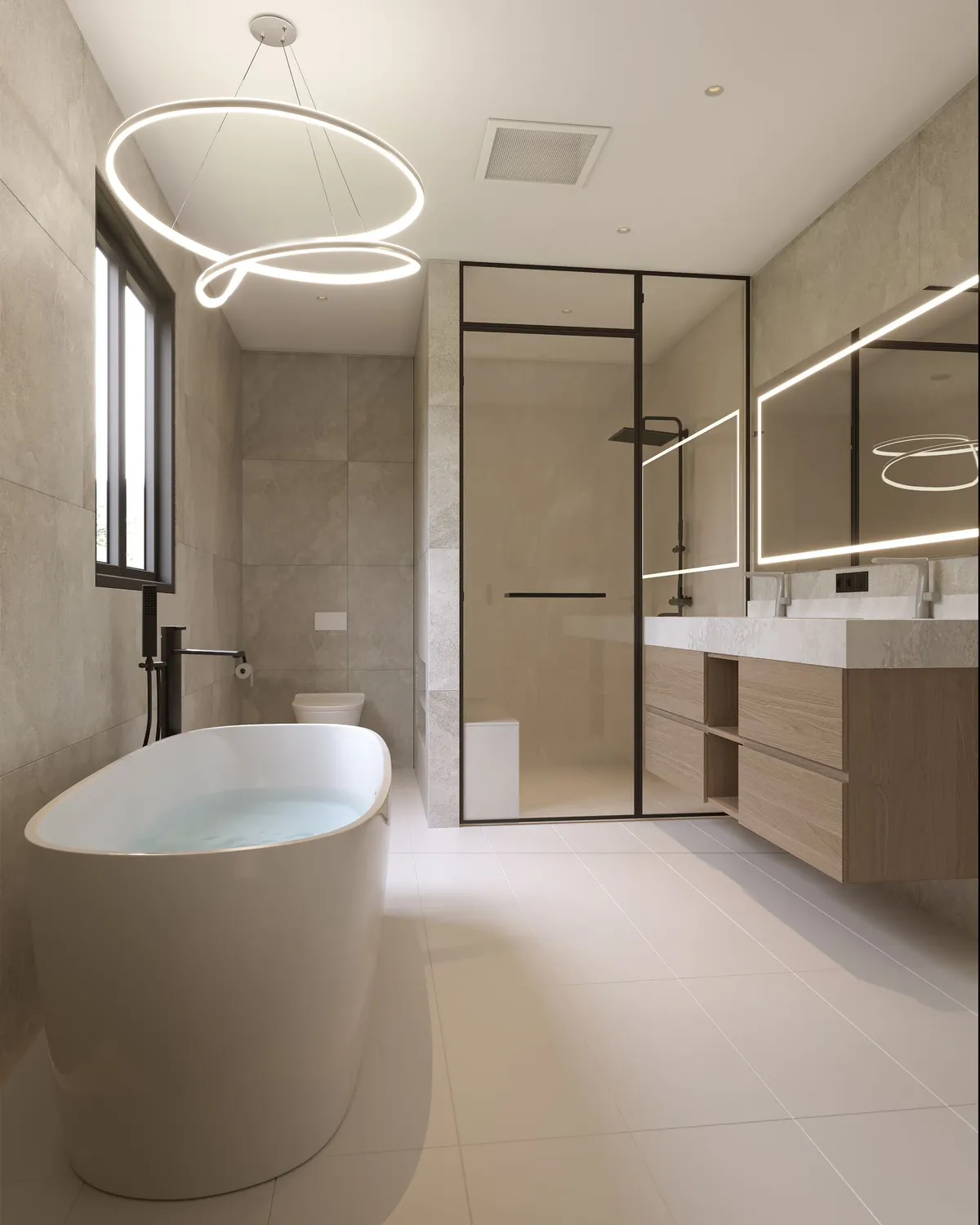 A rendering of the ensuite: a freestanding tub, a glass shower and a floating double vanity.
